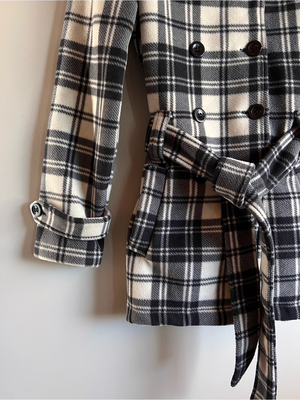 Lady Hathaway Plaid Coat Large Black White Belted Double Breasted Peacoat - Picture 2 of 9